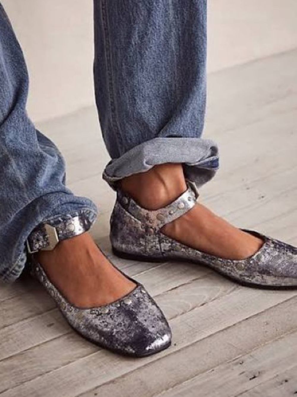 Free People Mystic Mary Jane Metallic Ankle-Strap Studded Flats